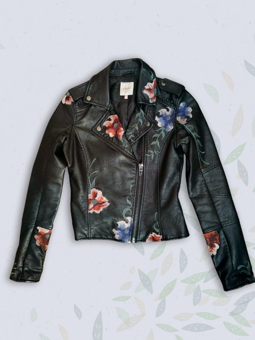 Candie's Black Floral Embroidered Faux Leather Moto Jacket XS